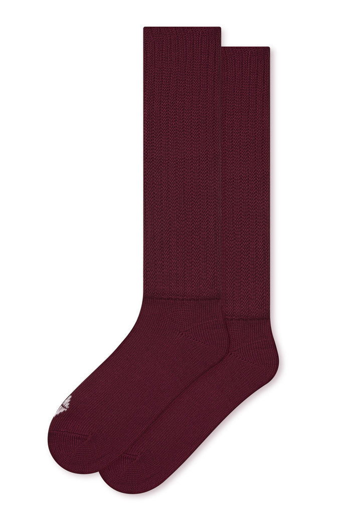 Adult Scrunch Socks in Burgundy laying flat on a white background.