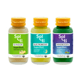 Three Sol-ti SuperShot glass bottles: GINGER, MINDBOOST+, and ELECTROBOOST