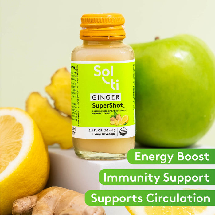 GINGER SuperShot bottle front label, benefits: Energy boost, Immunity and  circulation support