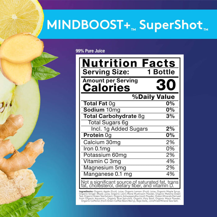Blue background with MINDBOOST+ SuperShot Nutrition Facts panel, details on product page