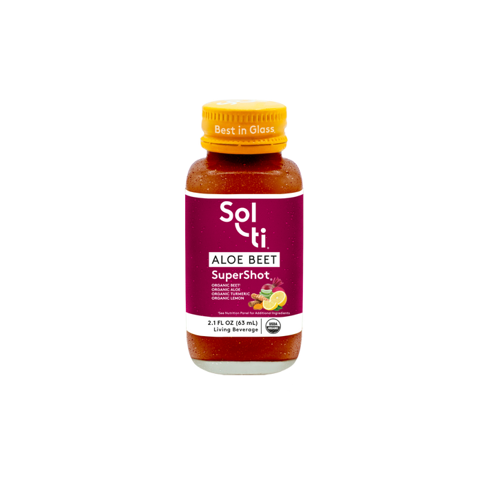Sol-ti ALOE BEET SuperShot Glass Bottle with reddish-magenta front label, in a light background