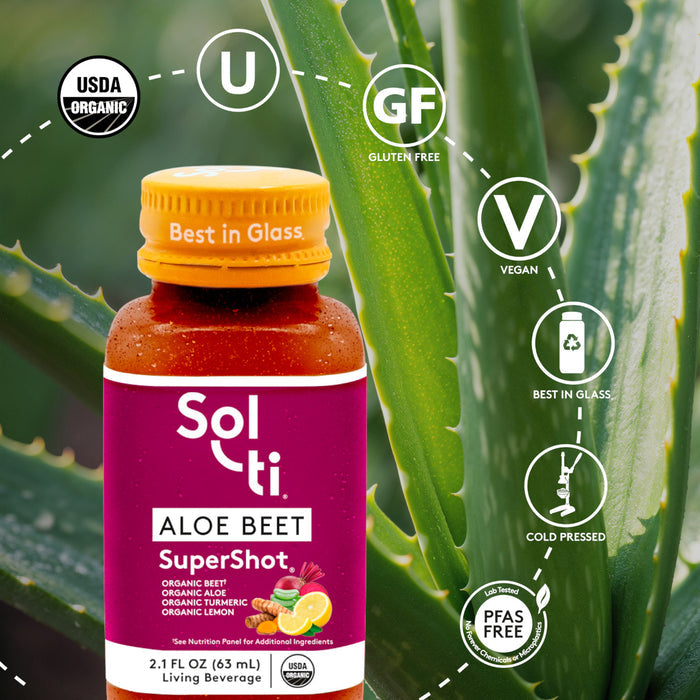 ALOE BEET SuperShot; USDA Organic, kosher, gluten-free, vegan, glass bottle, cold-pressed, PFAS FREE