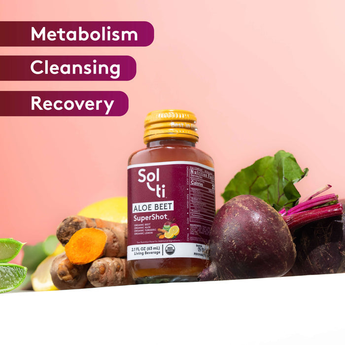 ALOE BEET SuperShot bottle front label, benefits: metabolism, cleansing, and recovery