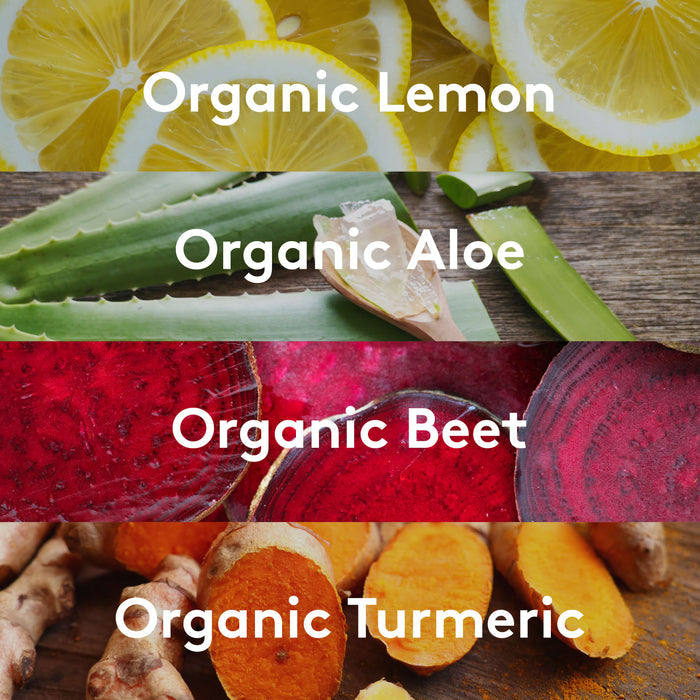 Ingredient visuals graphic listing organic lemon, aloe, beet, and turmeric root