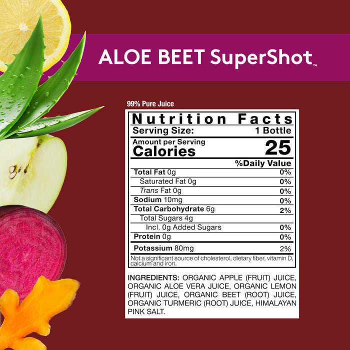 Red background with ALOE BEET SuperShot Nutrition Facts panel, details on product page