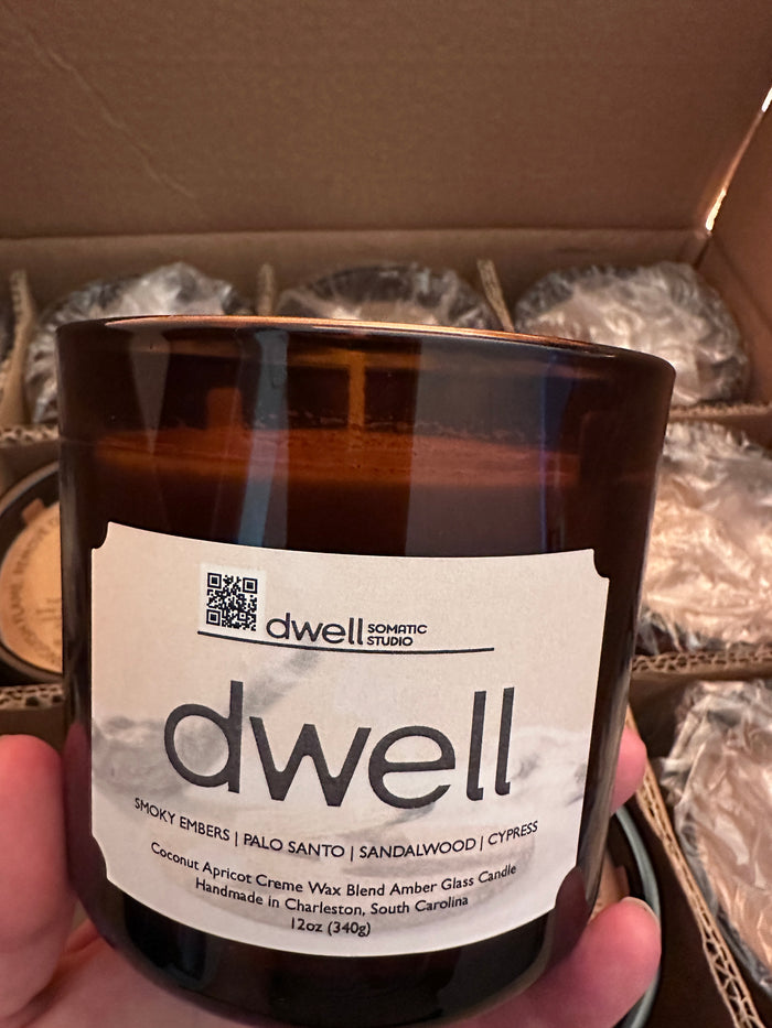 Amber Glass Candle- dwell: smoky embers, palo santo, sandalwood, cypress