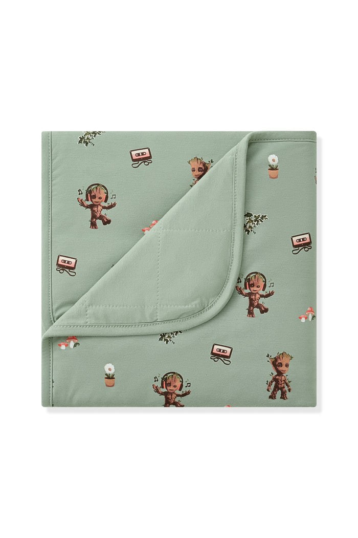Green Baby Blanket with Groot print on white background