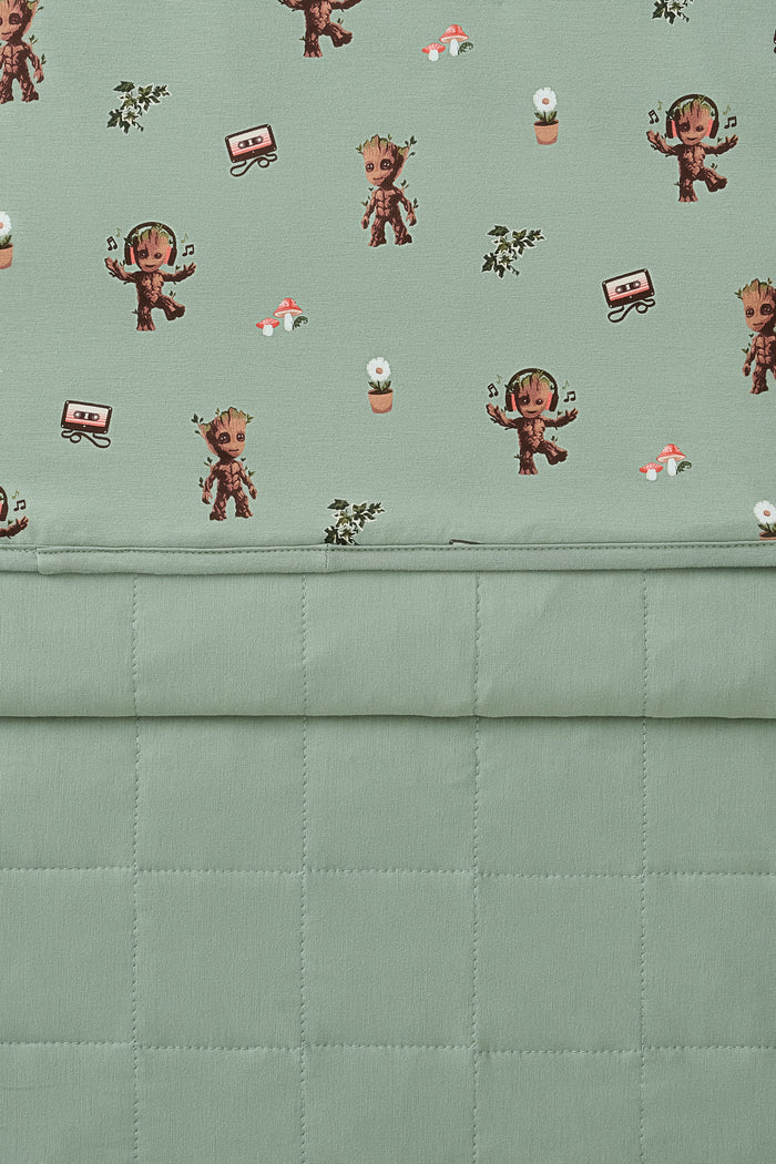 Front and back of Green Baby Blanket with Groot print