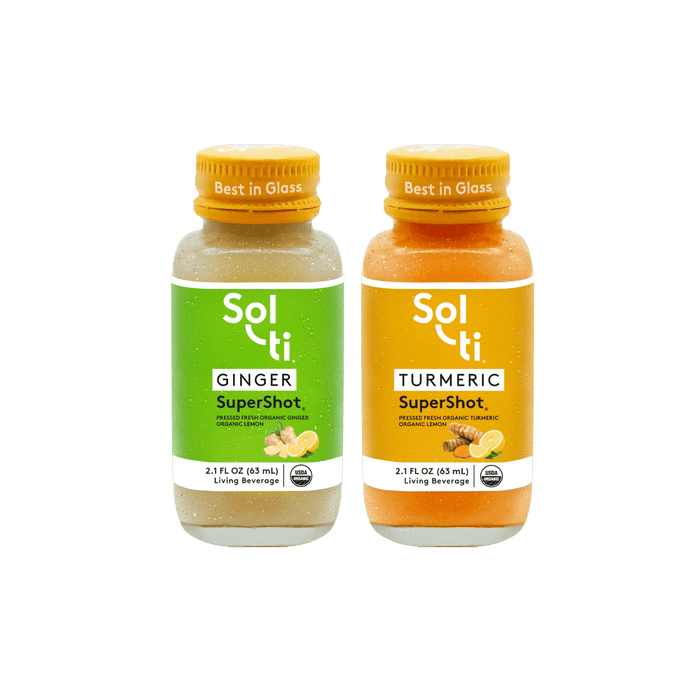 Sol-ti SuperShot glass Bottles, GINGER and TURMERIC front label, in light background