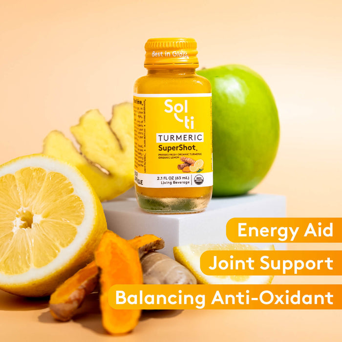 TURMERIC SuperShot bottle front label benefits: Energy aid, Joint support and Balancing AntiOxidant