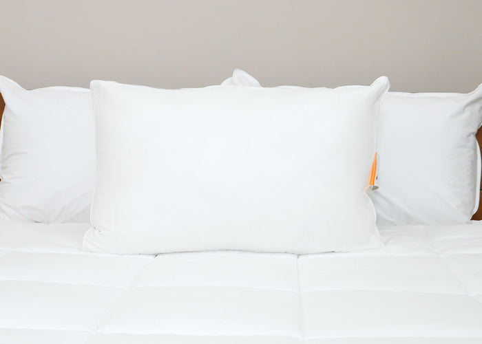 A neatly made bed features the HD Supply Best Western® Dreammaker Gusseted Pillow (medium-firm support) centered in front of two smaller white pillows. All-white bedding and a neutral wall complete the clean, minimalist look.