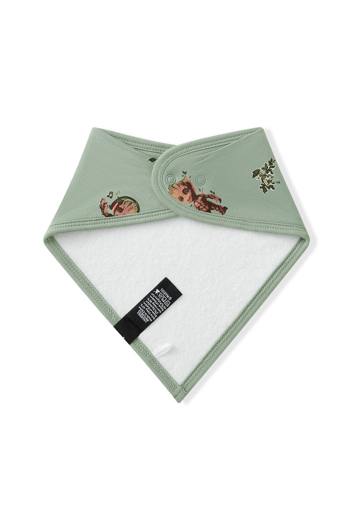 Back side of Green Bib with Groot print on white background