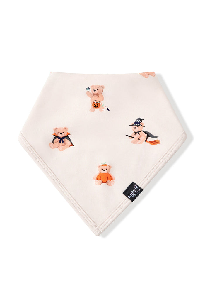 Beige Bib in Halloween Teddy print on a white background