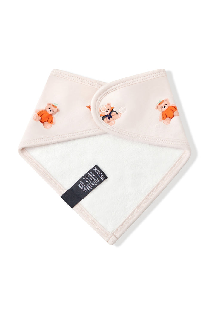 Back side of Beige Bib in Halloween Teddy print on a white background