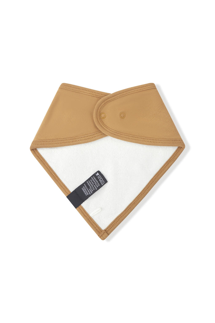 Back side of Bib in Ochre with snap closure on a white background