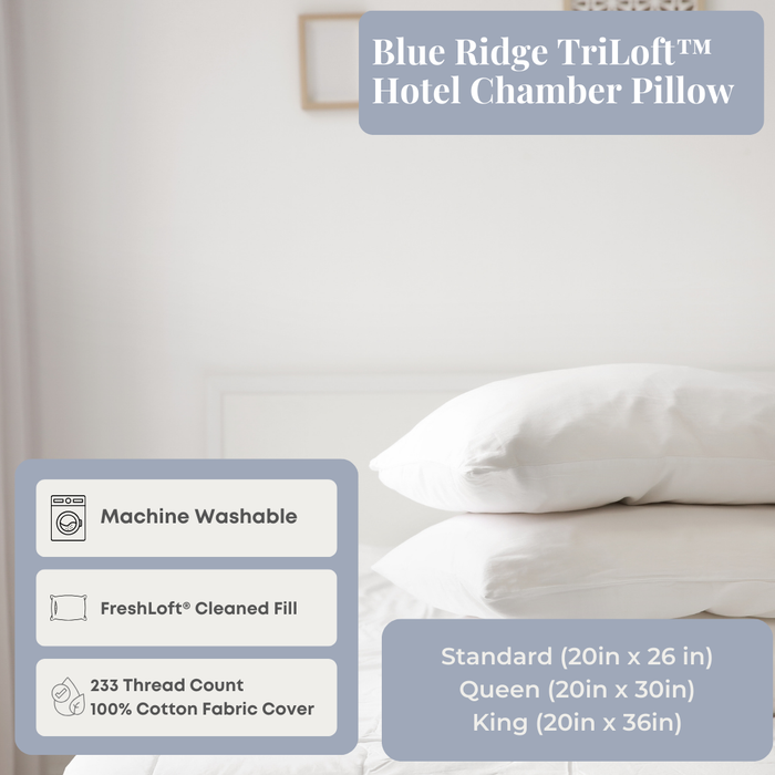 A neatly made bed with two stacked white Blue Ridge TriLoft™ Hotel Chamber Pillows is shown. Text highlights features: machine washable with FreshLoft® Cleaned Fill, 233 thread count 100% cotton fabric cover. Sizes available are Standard (20x26in), Queen (20x30in), and King (20x36in).