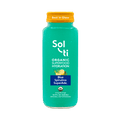 Sol-ti Blue Spirulina SuperAde glass bottle with a transparent front label, in  light background.