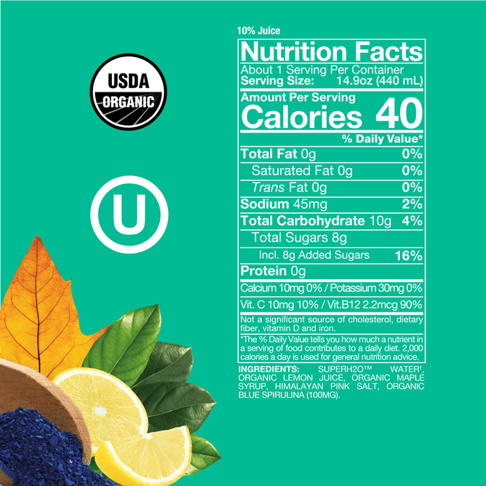 Turquoise background with Blue Spirulina SuperAde Nutrition Facts panel, details on product page