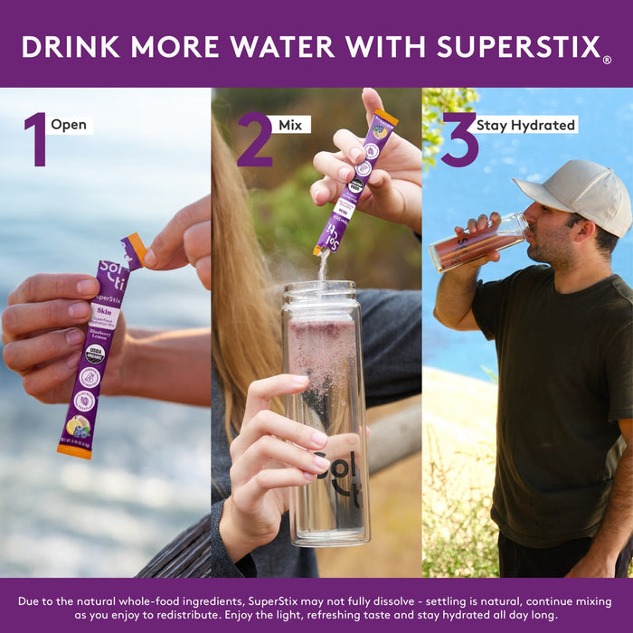 Sol-ti SuperStix Blueberry stick, three steps on purple background: open, mix in bottle, and stay hydrated