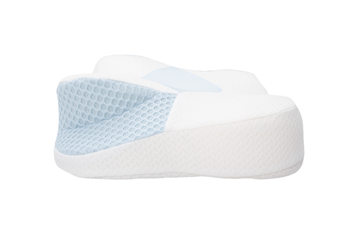 A close-up side view of the Sleep Again Pillows Cervical Memory Foam Pillow for Neck & Shoulder Support, featuring a contoured ergonomic orthopedic design and breathable honeycomb-patterned mesh, set against a plain white background.