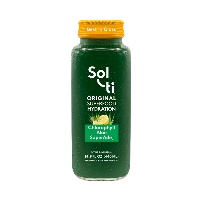 Sol-ti Chlorophyll Aloe SuperAde glass bottle with a transparent front label, in light background