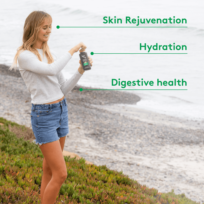 Chlorophyll Aloe SuperAde bottle front label benefits: hydration, skin rejuvenation, digestive health
