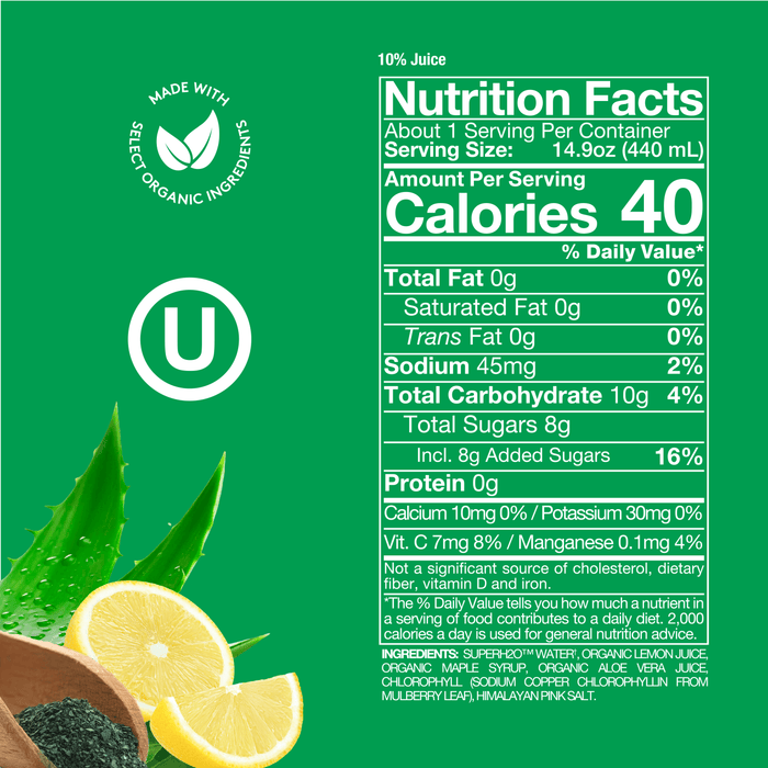 Green background with Chlorophyll Aloe SuperAde Nutrition Facts panel, details on product page