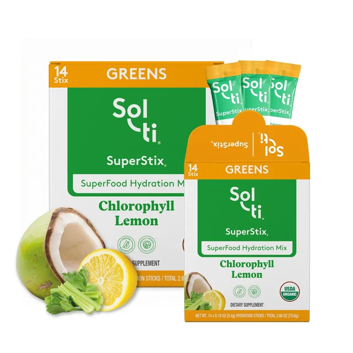 Sol-ti Greens SuperStix Chlorophyll Lemon with boxes, sticks, celery & lemon