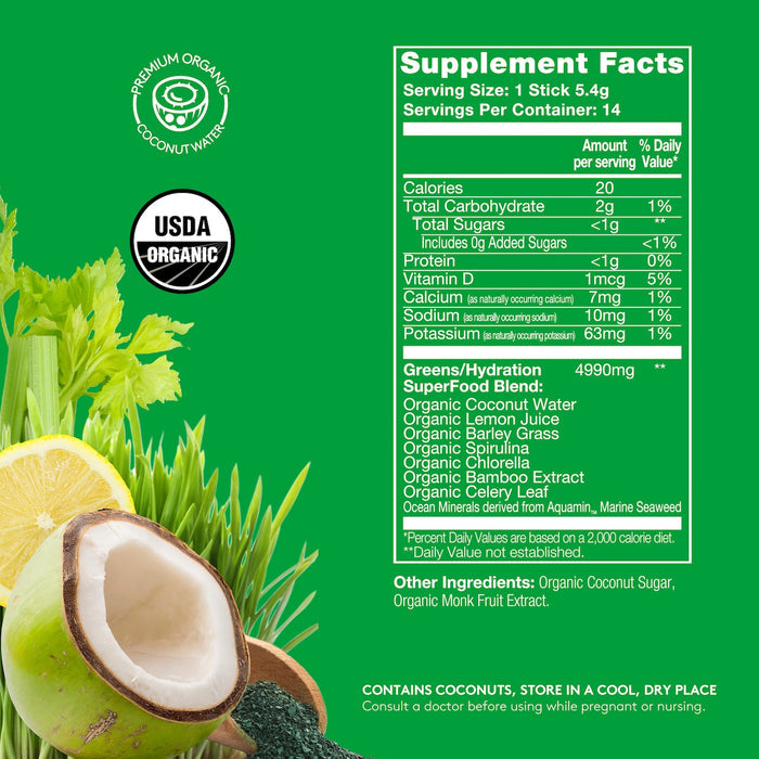 Green background with Sol-ti SuperStix Chlorophyll Lemon Nutrition Facts panel, details on product page