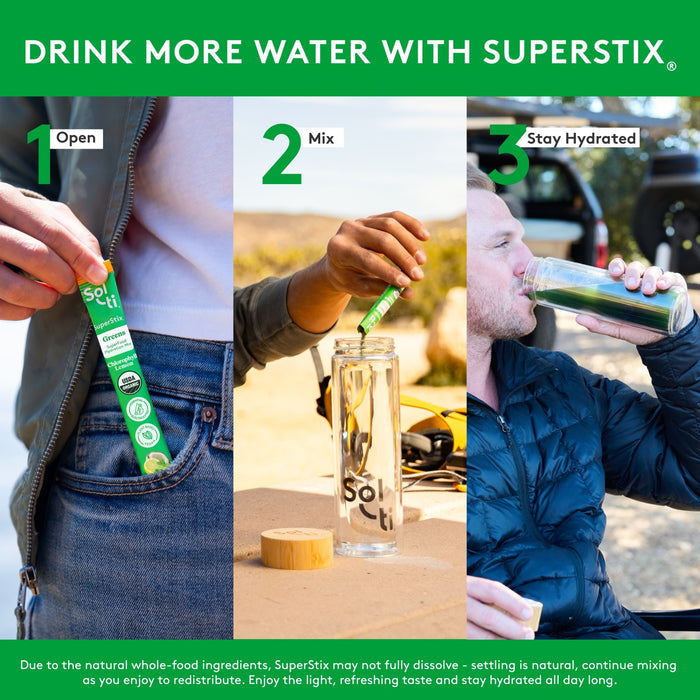 Sol-ti SuperStix Chlorophyll stick, three steps on green background: open, mix in bottle, and stay hydrated