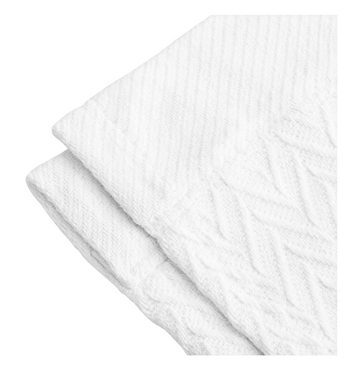 Close-up of the Cotton Thermal Blanket by 1888 Mills, featuring a neatly folded, subtle herringbone pattern in pure white. Made from 100% premium cotton, the fabric looks soft and textured, with its intricate zigzag design adding a touch of elegance. The cleanly hemmed edges exude hotel-quality craftsmanship.