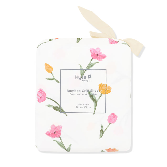 Crib Sheet in Tulip shown in its packaging