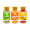 Three Sol-ti SuperShot glass bottles: GINGER, IMMUNI-TI, and SUPERBOOST