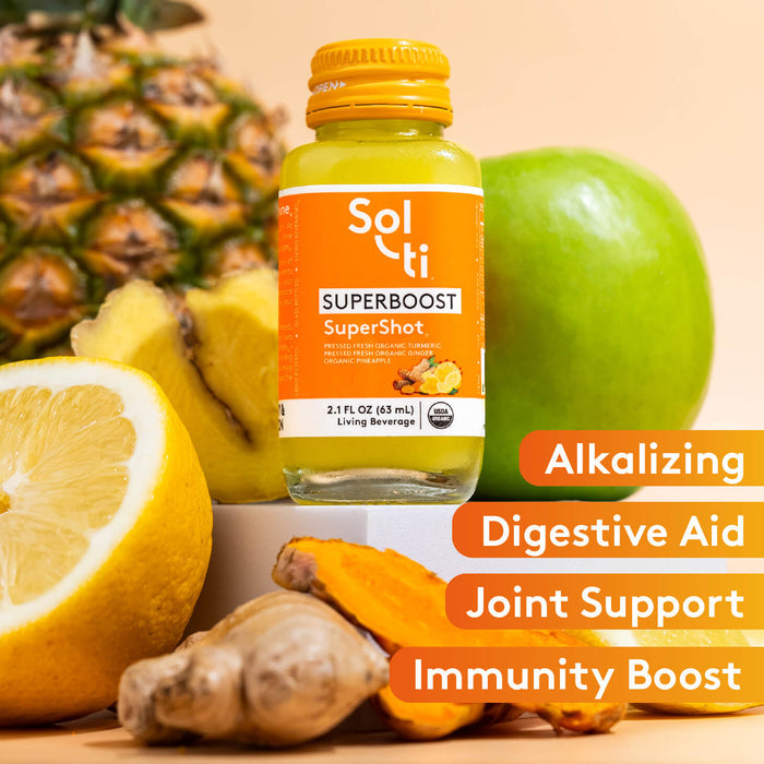 SUPERBOOST SuperShot front label, benefits: Alkalizing, Digestive aid, Joint  and immunity support