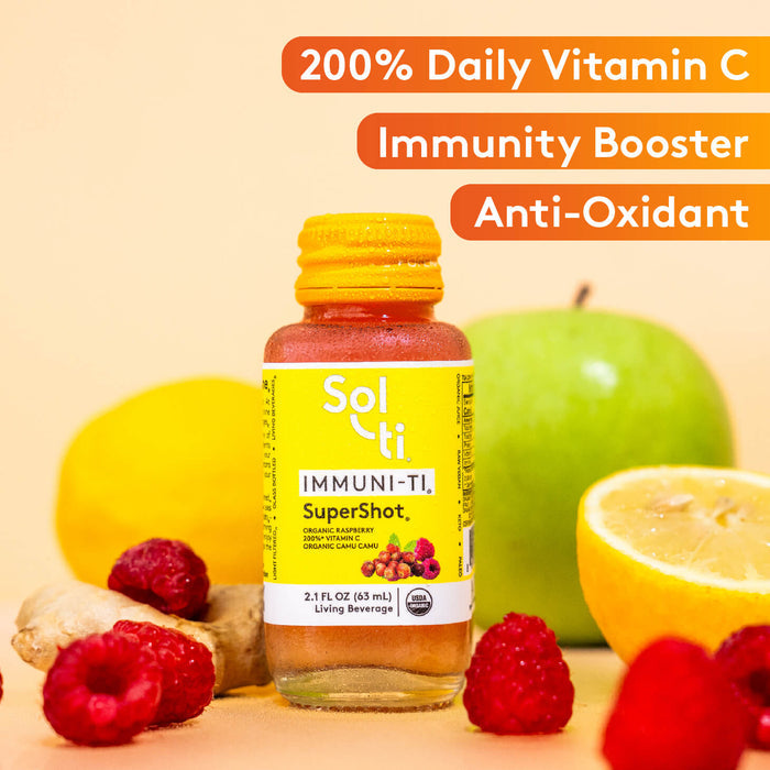 IMMUNI-TI SuperShot front label, benefits: 200% Daily vitamin C, immunity booster and Anti-Oxidant