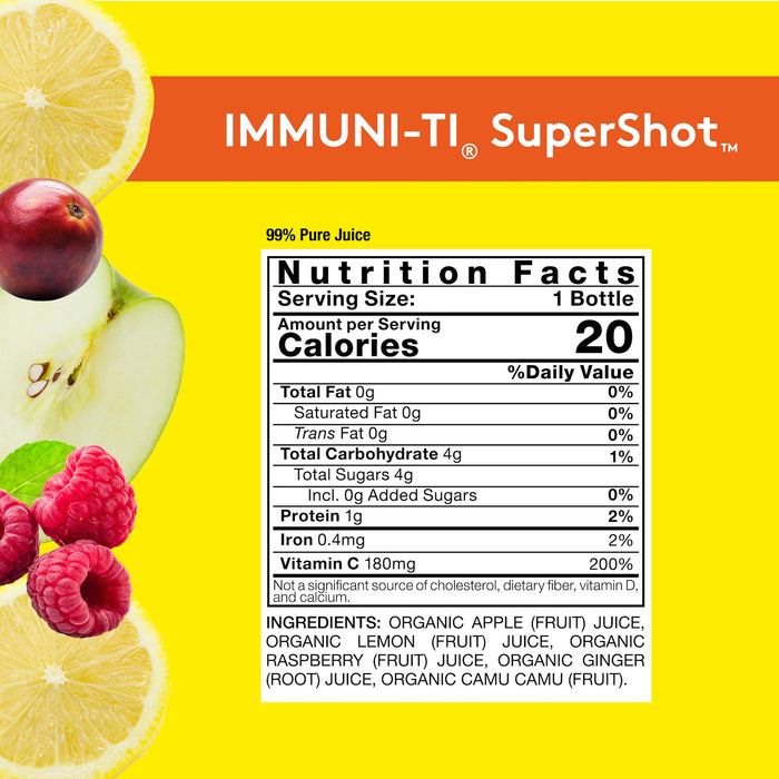 Yellow background with IMMUNI-TI SuperShot Nutrition Facts panel, details on product page