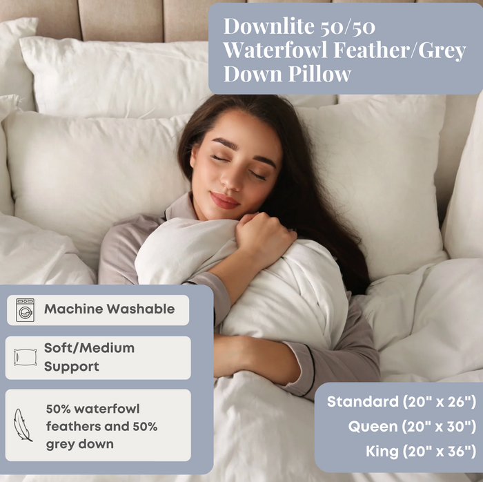A woman with long brown hair cuddles the Pillow Factory Downlite 50/50 Waterfowl Feather/Grey Down Pillow on white bedding. Boxes highlight “Machine Washable,” “Soft/Medium Support,” and sizes available.