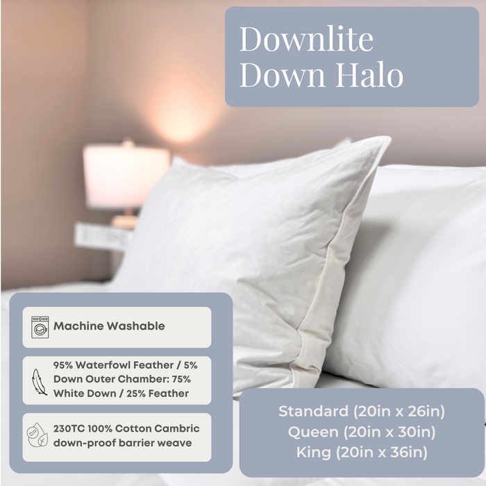 Two white pillows are stacked on a made bed with a blurred bedside lamp in the background. Overlayed text highlights: Pillow Factory Downlite Down Halo—hotel-preferred quality, three-chamber design, multiple size options.