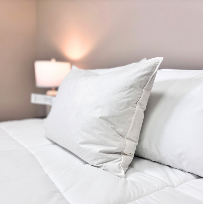 A neatly made bed with white bedding and a Pillow Factory Downlite Down Halo pillow sits beside a softly glowing bedside lamp on a white nightstand against a light gray wall, creating a calm and cozy atmosphere.