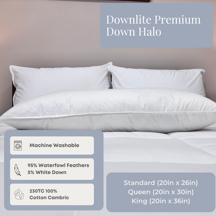 A neatly made bed features two large white Downlite Premium Down Halo pillows by Pillow Factory with white shams. Graphics highlight hotel-quality features: machine washable, 100% cotton cambric, premium fill, and firm support options.