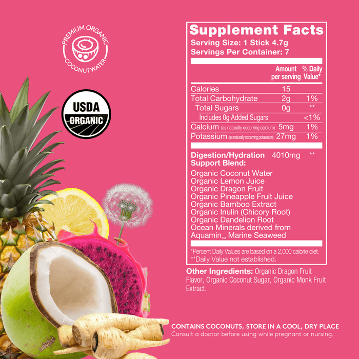 Pink background with Sol-ti SuperStix Dragon Fruit Lemon Nutrition Facts panel, details on product page