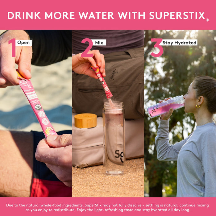Sol-ti SuperStix Dragon Fruit electrolyte stick, three steps on pink background: open, mix in bottle, and stay hydrated