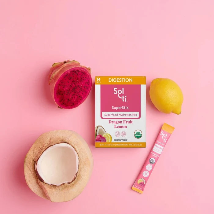 Sol-ti SuperStix Dragon Fruit Lemon electrolyte powder with fruit & pack