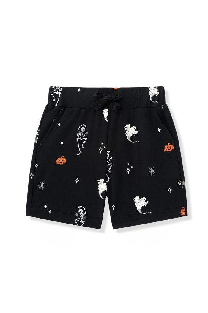 Black Drawstring Short in Halloween Friends print on a white background