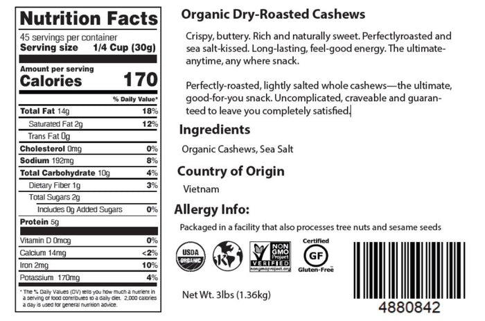 Dry Roasted and Salted Whole Cashews