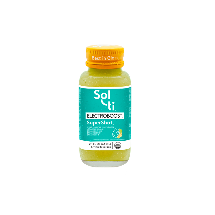 Sol-ti ELECTROBOOST SuperShot  Glass Bottle with a bright turquoise front label, in light background