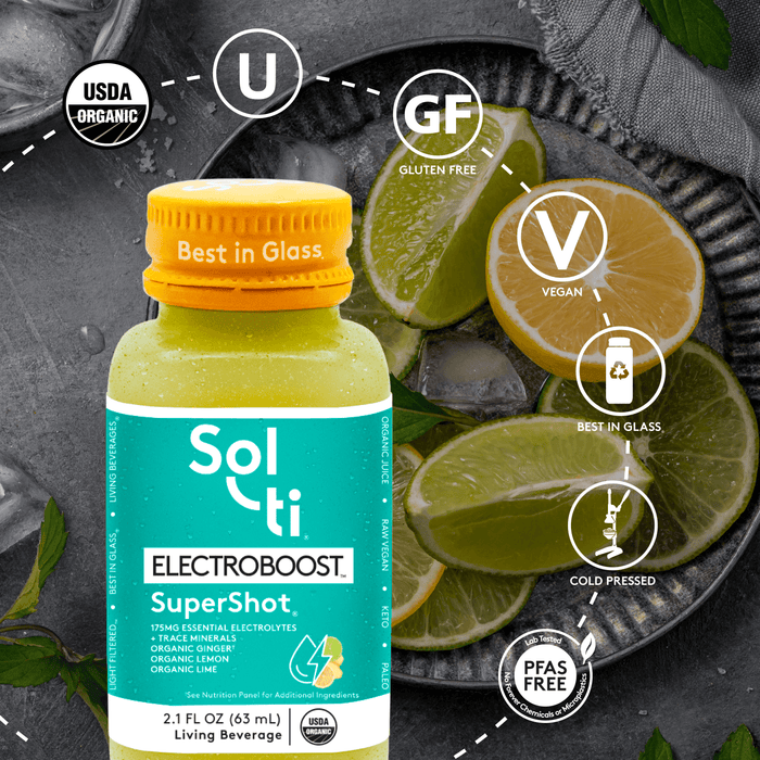 ELECTROBOOST SuperShot; USDA Organic, kosher, gluten-free, vegan, glass bottle, cold-pressed, PFAS FREE