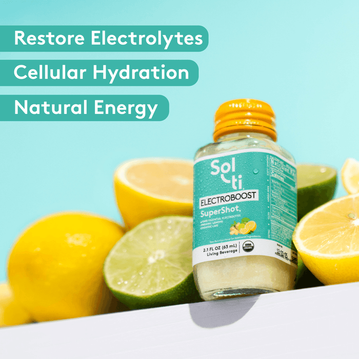 ELECTROBOOST SuperShot bottle front label, benefits: restore electrolytes, cellular hydration and natural energy