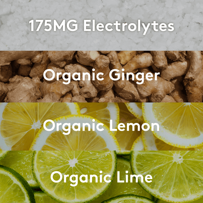 Ingredient visuals graphic listing 175mg electrolytes, organic ginger, lemon, and  lime