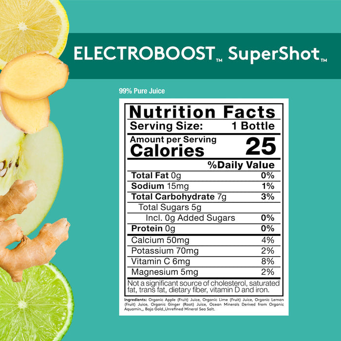 Teal background with ELECTROBOOST SuperShot Nutrition Facts panel, details on product page